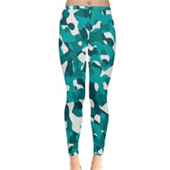 Teal And White Camouflage Pattern Inside Out Leggings by SpinnyChairDesigns