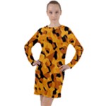 Orange and Black Camouflage Pattern Long Sleeve Hoodie Dress