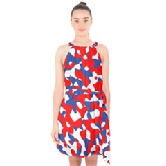 Red White Blue Camouflage Pattern Halter Collar Waist Tie Chiffon Dress by SpinnyChairDesigns