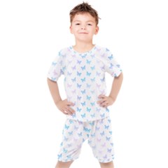 Light Blue Pink Butterflies Pattern Kids  Tee And Shorts Set by SpinnyChairDesigns