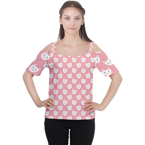 Cute Cat Faces White And Pink Cutout Shoulder Tee by SpinnyChairDesigns