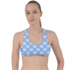 Cute Cat Faces White And Blue  Criss Cross Racerback Sports Bra by SpinnyChairDesigns