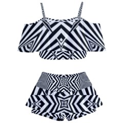 Black And White Line Art Pattern Stripes Kids  Off Shoulder Skirt Bikini by SpinnyChairDesigns