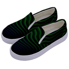 Black And Green Abstract Stripes Gradient Kids  Canvas Slip Ons by SpinnyChairDesigns