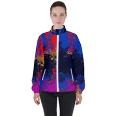 Colorful Paint Splatter Texture Red Black Yellow Blue Women s High Neck Windbreaker by SpinnyChairDesigns