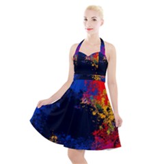 Colorful Paint Splatter Texture Red Black Yellow Blue Halter Party Swing Dress  by SpinnyChairDesigns