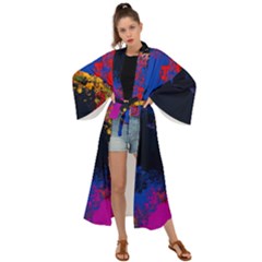 Colorful Paint Splatter Texture Red Black Yellow Blue Maxi Kimono by SpinnyChairDesigns