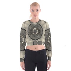 Beige Kaleidoscope Mandala Arabesque Pattern Cropped Sweatshirt by SpinnyChairDesigns