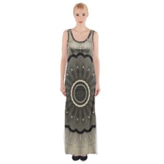 Beige Kaleidoscope Mandala Arabesque Pattern Thigh Split Maxi Dress by SpinnyChairDesigns