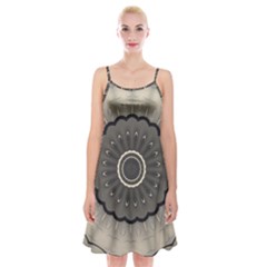 Beige Kaleidoscope Mandala Arabesque Pattern Spaghetti Strap Velvet Dress by SpinnyChairDesigns