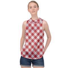 Picnic Gingham Red White Checkered Plaid Pattern High Neck Satin Top by SpinnyChairDesigns