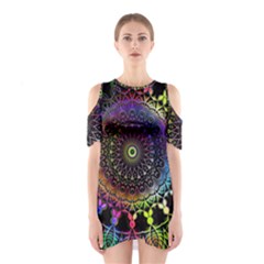 Colorful Rainbow Colored Arabesque Mandala Kaleidoscope  Shoulder Cutout One Piece Dress by SpinnyChairDesigns