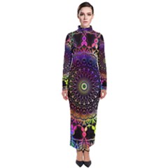 Colorful Rainbow Colored Arabesque Mandala Kaleidoscope  Turtleneck Maxi Dress by SpinnyChairDesigns