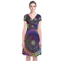 Colorful Rainbow Colored Arabesque Mandala Kaleidoscope  Short Sleeve Front Wrap Dress by SpinnyChairDesigns