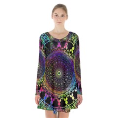 Colorful Rainbow Colored Arabesque Mandala Kaleidoscope  Long Sleeve Velvet V-neck Dress by SpinnyChairDesigns