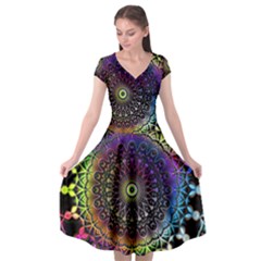 Colorful Rainbow Colored Arabesque Mandala Kaleidoscope  Cap Sleeve Wrap Front Dress by SpinnyChairDesigns