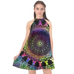 Colorful Rainbow Colored Arabesque Mandala Kaleidoscope  Halter Neckline Chiffon Dress  by SpinnyChairDesigns