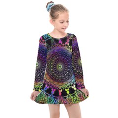 Colorful Rainbow Colored Arabesque Mandala Kaleidoscope  Kids  Long Sleeve Dress by SpinnyChairDesigns