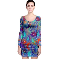 Cosmos Flowers Blue Red Long Sleeve Bodycon Dress