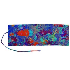 Cosmos Flowers Blue Red Roll Up Canvas Pencil Holder (m) by DinkovaArt