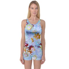 Cosmos Flowers Ligh Blue One Piece Boyleg Swimsuit by DinkovaArt