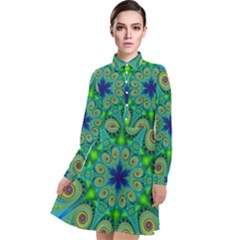 Peacock Mandala Kaleidoscope Arabesque Pattern Long Sleeve Chiffon Shirt Dress by SpinnyChairDesigns