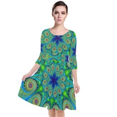 Peacock Mandala Kaleidoscope Arabesque Pattern Quarter Sleeve Waist Band Dress by SpinnyChairDesigns