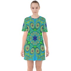 Peacock Mandala Kaleidoscope Arabesque Pattern Sixties Short Sleeve Mini Dress by SpinnyChairDesigns