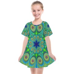 Peacock Mandala Kaleidoscope Arabesque Pattern Kids  Smock Dress by SpinnyChairDesigns