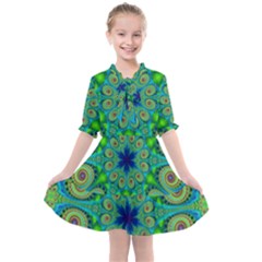 Peacock Mandala Kaleidoscope Arabesque Pattern Kids  All Frills Chiffon Dress by SpinnyChairDesigns