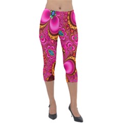 Abstract Pink Gold Floral Print Pattern Lightweight Velour Capri Leggings  by SpinnyChairDesigns