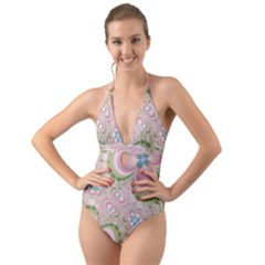 Pastel Pink Abstract Floral Print Pattern Halter Cut-out One Piece Swimsuit by SpinnyChairDesigns