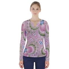 Pastel Pink Abstract Floral Print Pattern V-neck Long Sleeve Top by SpinnyChairDesigns