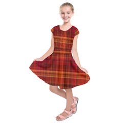 Red Brown Orange Plaid Pattern Kids  Short Sleeve Dress by SpinnyChairDesigns