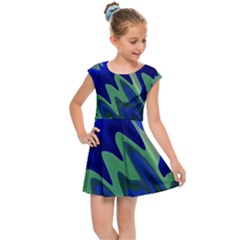 Blue Green Zig Zag Waves Pattern Kids  Cap Sleeve Dress by SpinnyChairDesigns