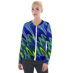 Blue Green Zig Zag Waves Pattern Velour Zip Up Jacket by SpinnyChairDesigns