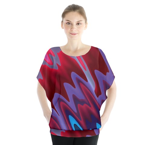 Red Blue Zig Zag Waves Pattern Batwing Chiffon Blouse by SpinnyChairDesigns