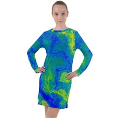 Neon Green Blue Grunge Texture Pattern Long Sleeve Hoodie Dress by SpinnyChairDesigns