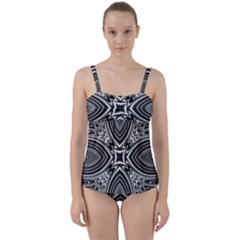 Black And White Intricate Pattern Twist Front Tankini Set by SpinnyChairDesigns