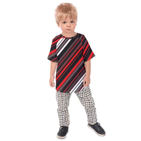 Red Black White Stripes Pattern Kids  Raglan Tee by SpinnyChairDesigns