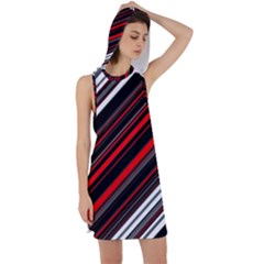 Red Black White Stripes Pattern Racer Back Hoodie Dress by SpinnyChairDesigns