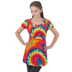 Colorful Dark Tie Dye Pattern Puff Sleeve Tunic Top by SpinnyChairDesigns