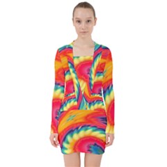 Colorful Dark Tie Dye Pattern V-neck Bodycon Long Sleeve Dress by SpinnyChairDesigns