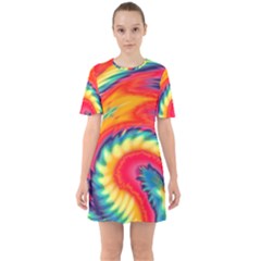 Colorful Dark Tie Dye Pattern Sixties Short Sleeve Mini Dress by SpinnyChairDesigns