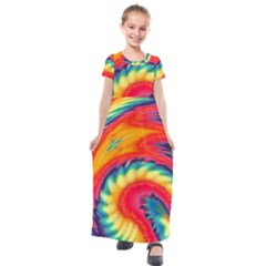 Colorful Dark Tie Dye Pattern Kids  Short Sleeve Maxi Dress by SpinnyChairDesigns