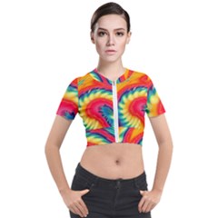 Colorful Dark Tie Dye Pattern Short Sleeve Cropped Jacket by SpinnyChairDesigns