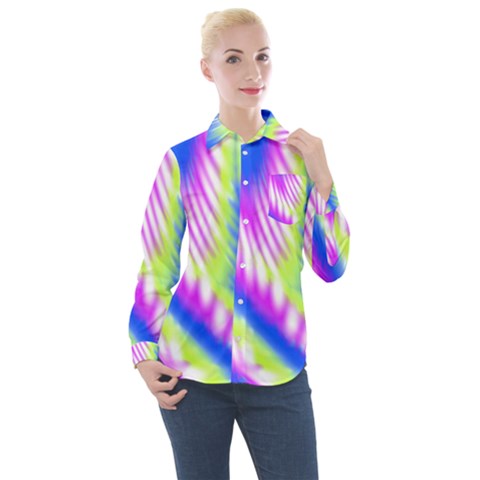 Colorful Blue Purple Pastel Tie Dye Pattern Women s Long Sleeve Pocket Shirt by SpinnyChairDesigns