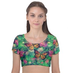 Watercolor Monarch Butterflies Velvet Short Sleeve Crop Top  by SpinnyChairDesigns