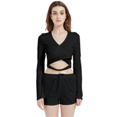 Plain Black Solid Color Velvet Wrap Crop Top by FlagGallery