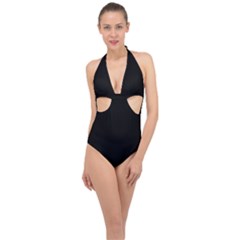 Plain Black Solid Color Halter Front Plunge Swimsuit by FlagGallery